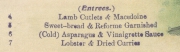 「三島丸」のディナーメニューの拡大写真　一番下の行に「Ｄｒｉｅｄ　Ｃｕｒｒｉｅｓ」という英文が読み取れます。（資料提供：日本郵船歴史博物館）